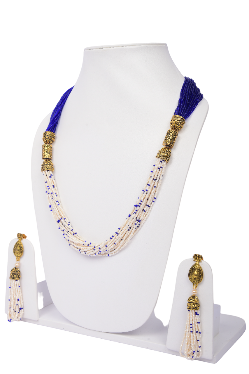Namokriti Royal Blue & Pearl Beaded Necklace Set | Ethnic Statement Jewellery for Women